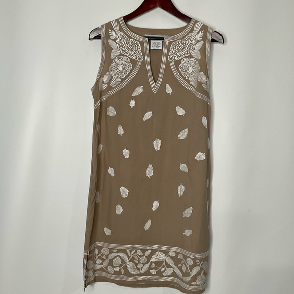 Gretchen Scott Designs Sleeveless Halter Neckline Tan White Leaf Pattern Dress M - Picture 6 of 16